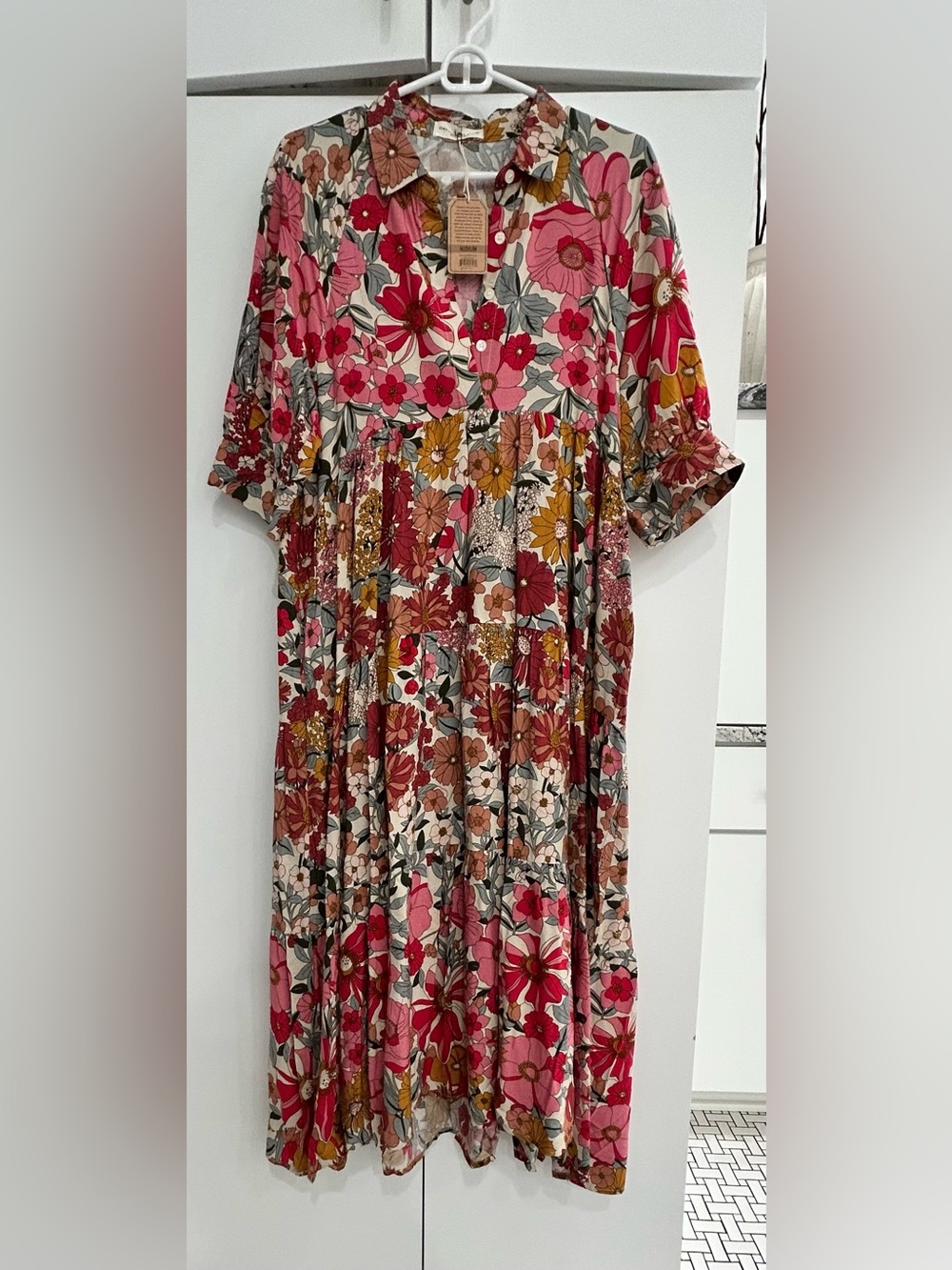NATURAL LIFE Floral Tiered Maxi Dress in Pink, Red & Mustard